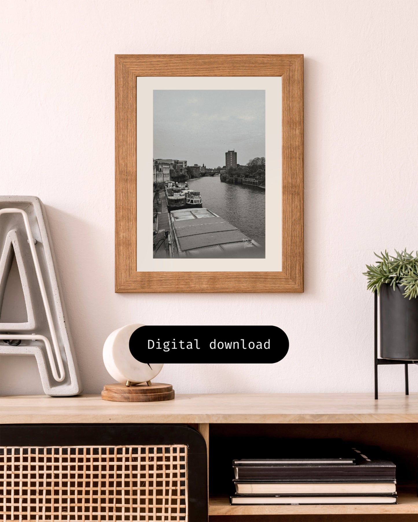York Riverside, England Black and White Wall Art, Digital Download