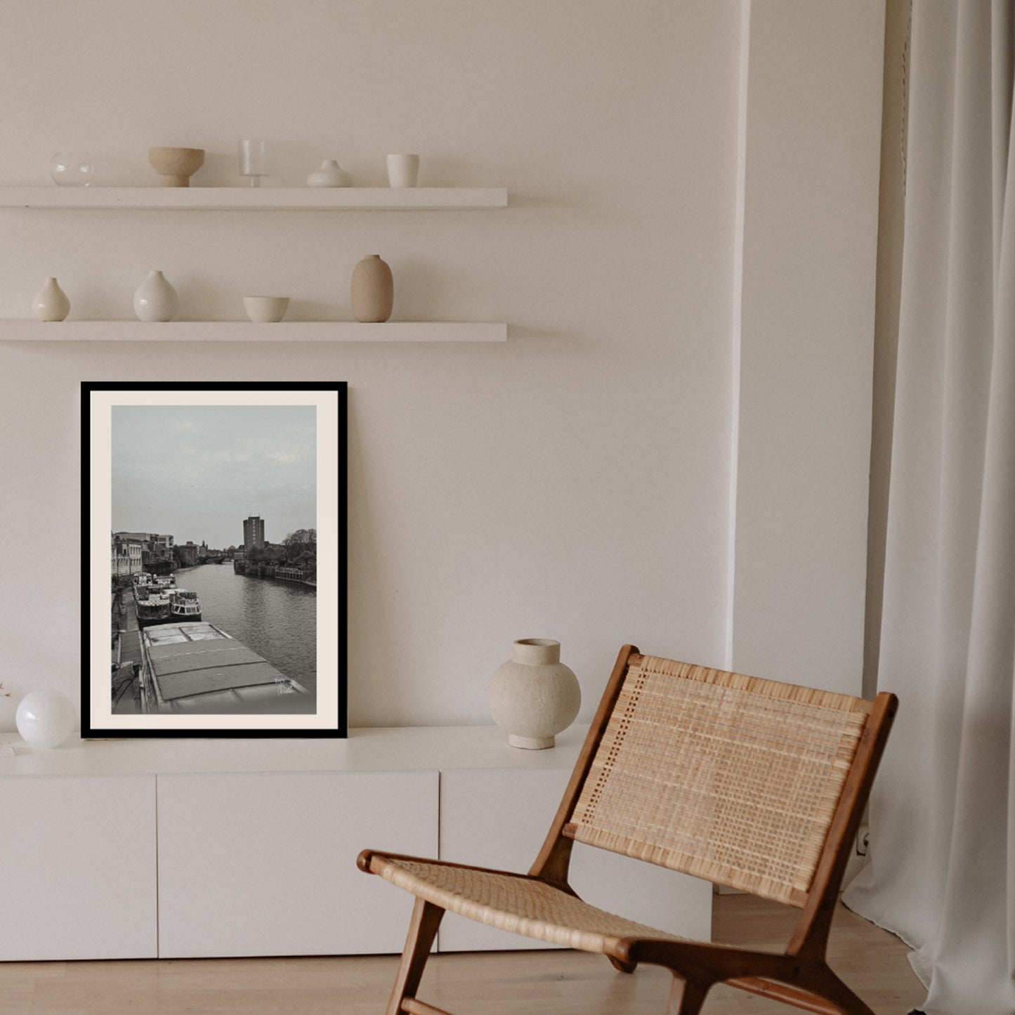 York Riverside, England Black and White Wall Art, Digital Download