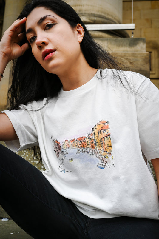 high-quality hand drawn original t-shirt design featuring a stunning photo from Venice