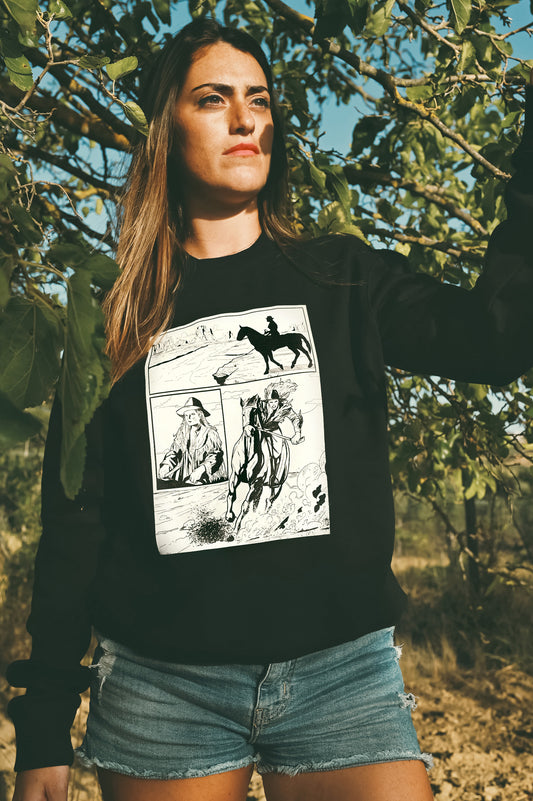 bkack sweartshirt with comic book print of worrior on horseback in the wild