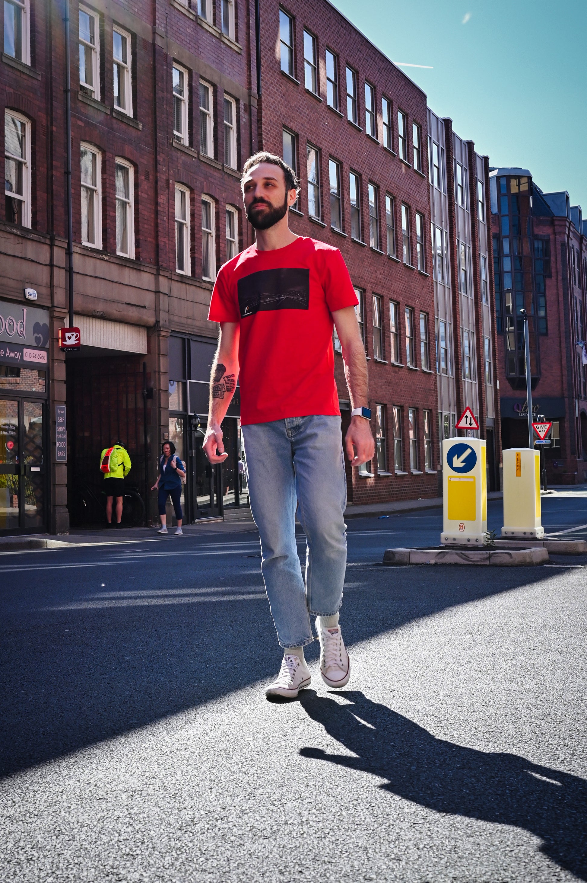 red T-Shirt featuring a stunning vector art graphic inspired by a scenic drive through mountains and trees in Sicily