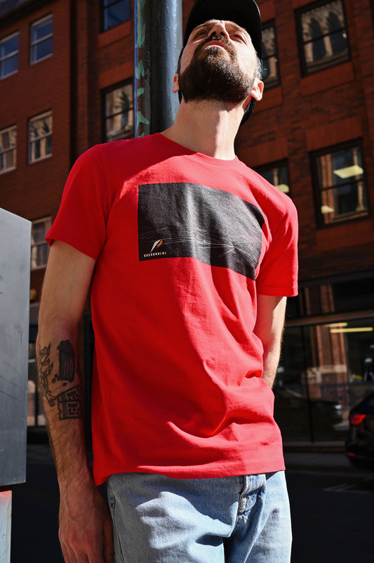 red T-Shirt featuring a stunning vector art graphic inspired by a scenic drive through mountains and trees in Sicily