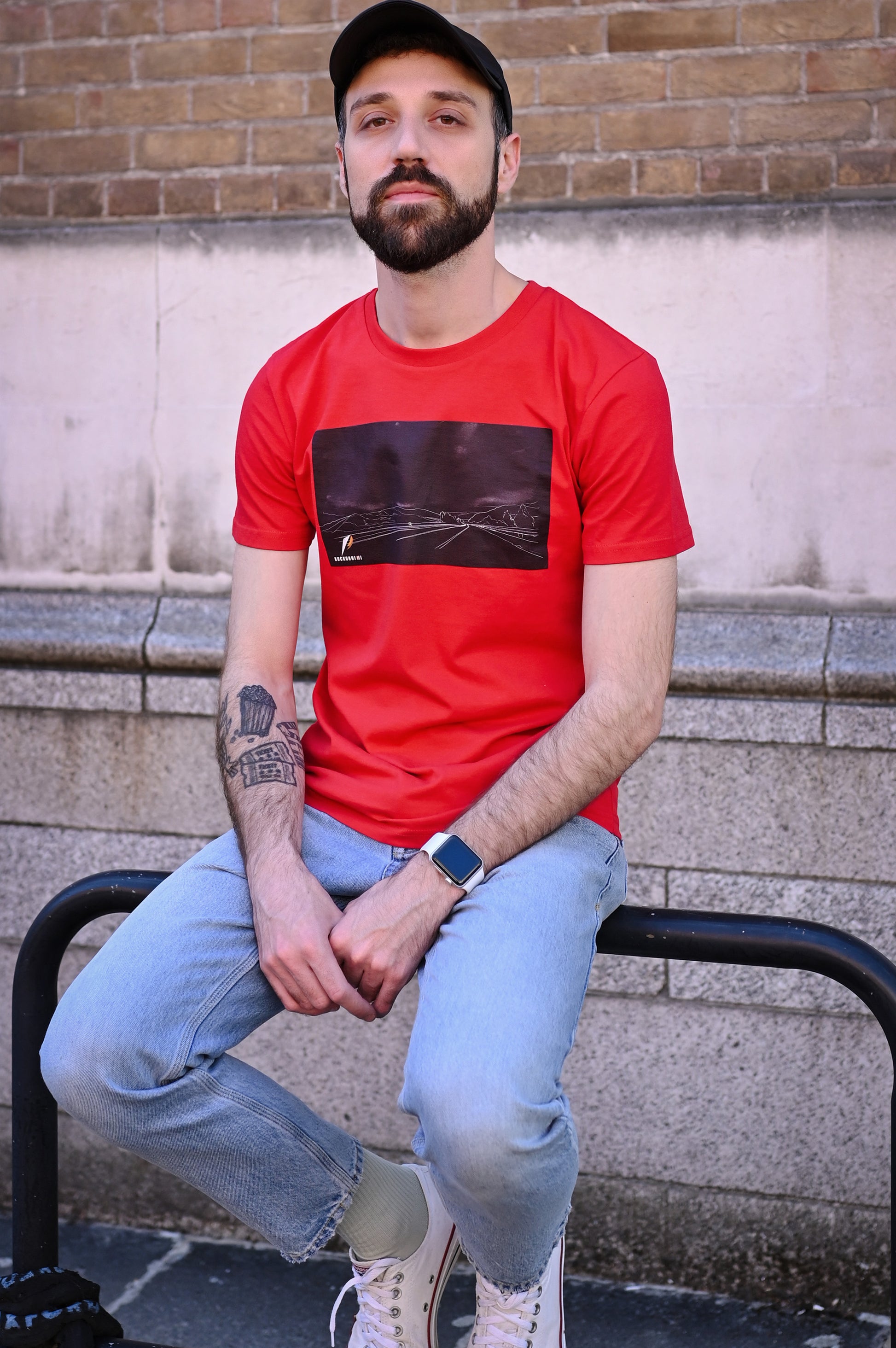 red T-Shirt featuring a stunning vector art graphic inspired by a scenic drive through mountains and trees in Sicily